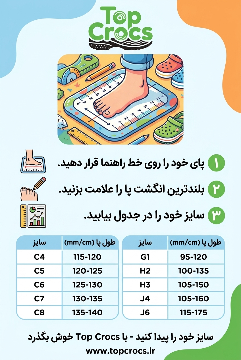 صندل کراکس بچگانه بایابند سفید 1 راهنمای سایز بچگانه